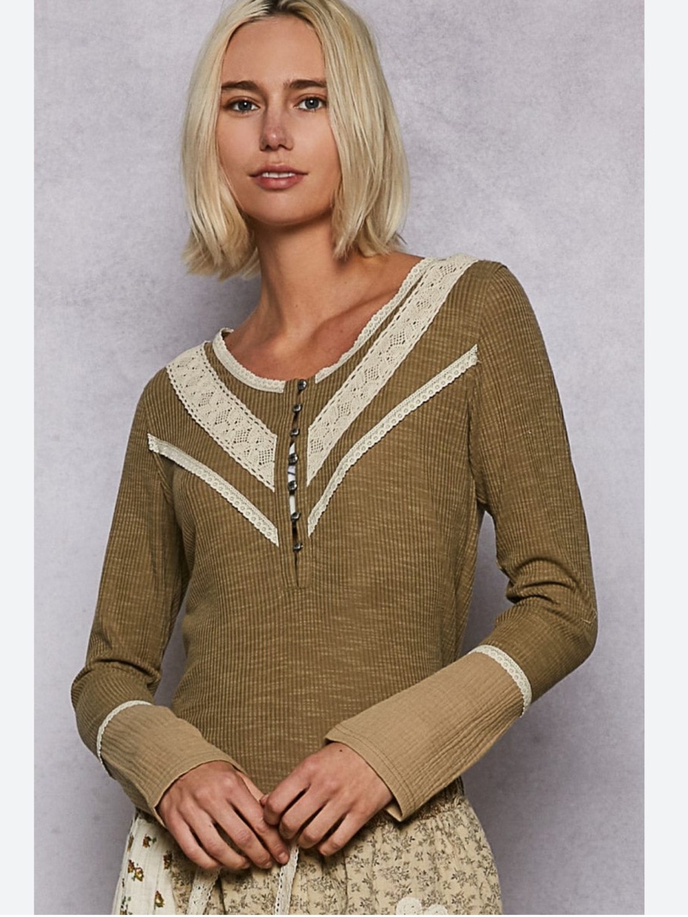 New: POL Boho Olive Green Ribbed Half Button Lace Detail Knit Long Sleeve Top• S